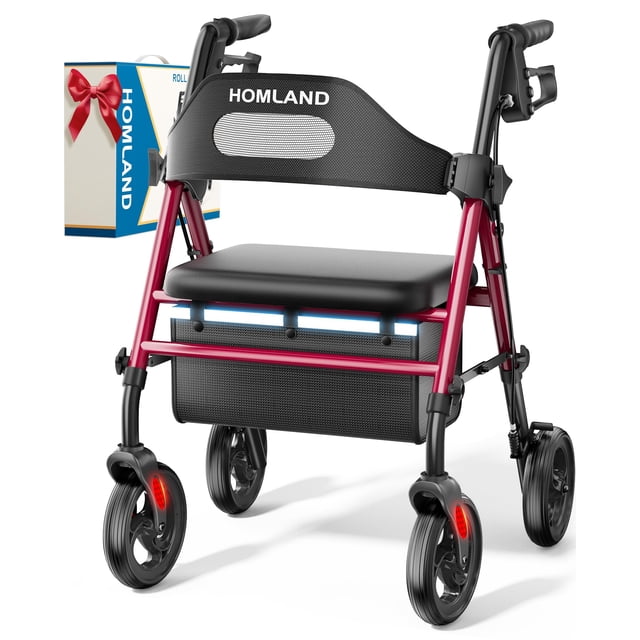 Andador plegable HOMLAND con asiento para personas mayores, ruedas grandes de 8", capacidad de peso de 350 lb, asas y altura del asiento ajustables, andador ligero con ruedas, color rojo