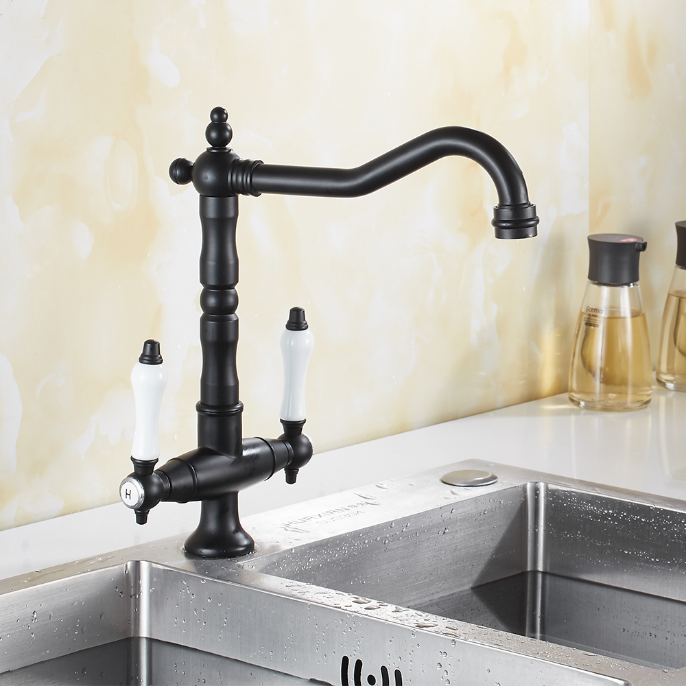 ODOMY Traditional Kitchen Tap Kitchen Sink Mixer Tap Double Handle Solid Brass Kitchen Tap Antique Bronze Brass Georgian Classic Faucet Dual Lever - image 2 of 9