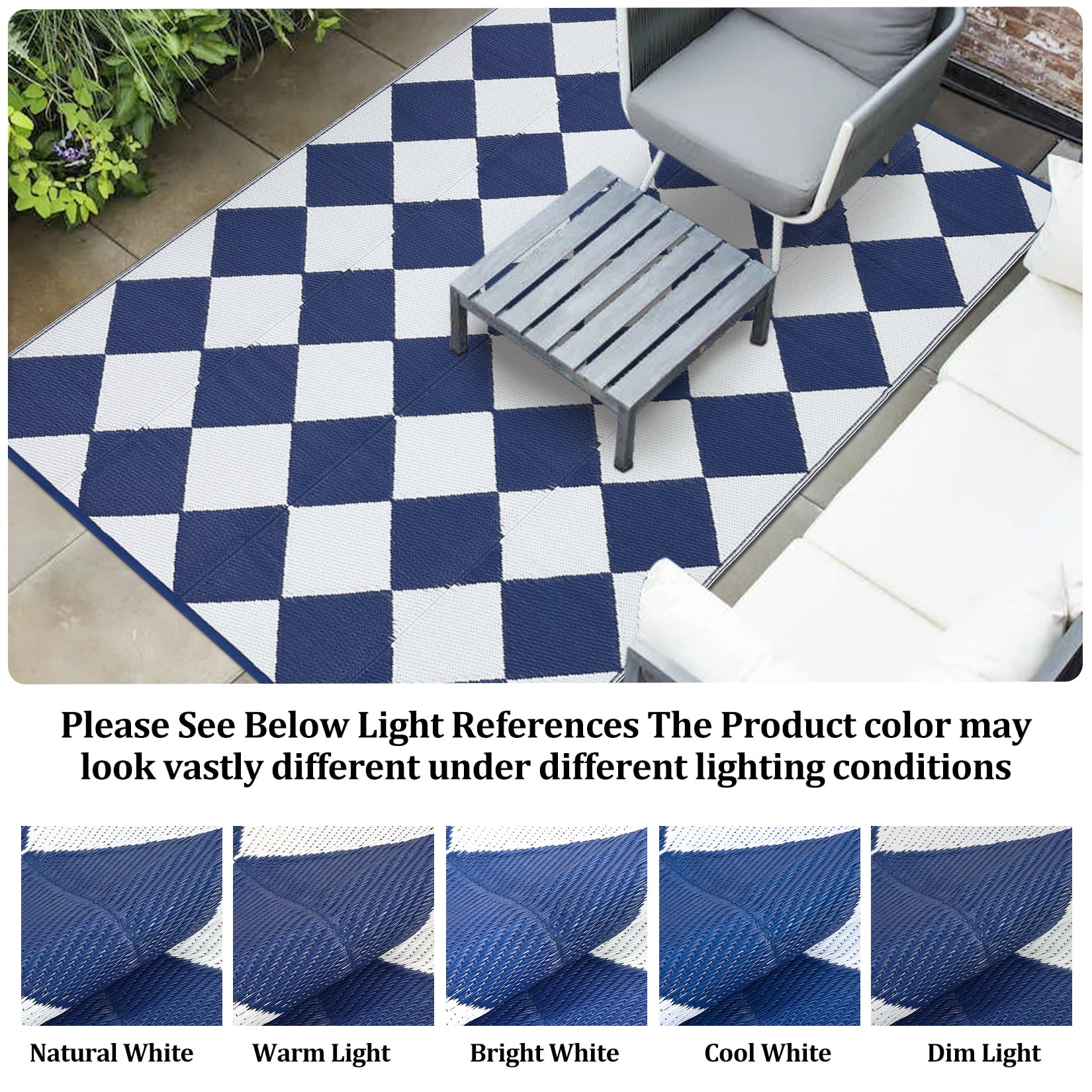 Senfot 8x10 Waterproof Portable Outdoor Rug, Modern Geometric Plastic Carpet for Patio Camping Deck Backyard Porch Decor with Storage Bag Blue and White