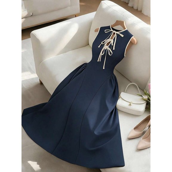 Navy Blue Sleeveless A-Line Maxi Dress With Contrast Tie Neck, Ruched Waist, Elegant Daily Wear