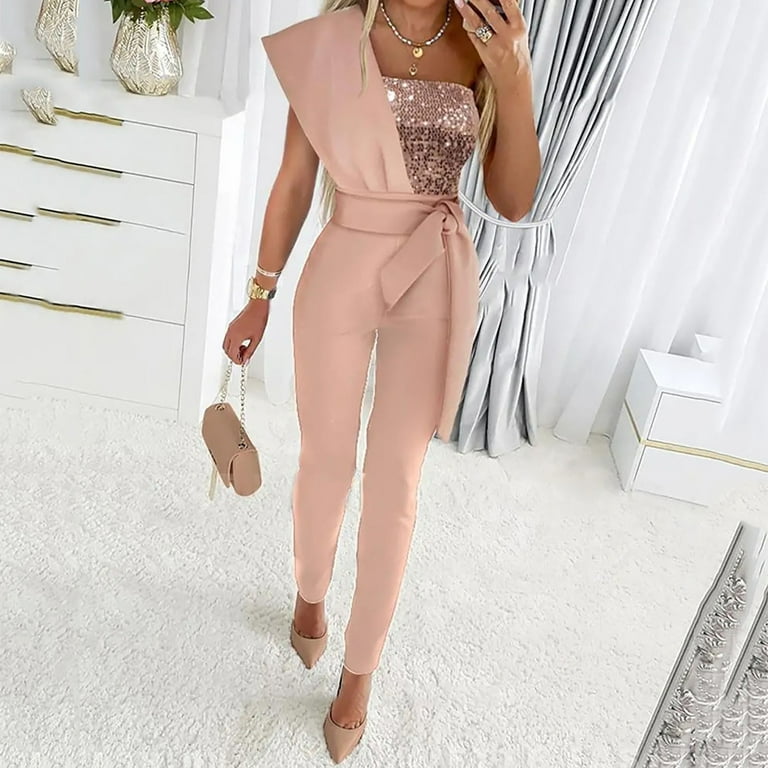 SELONE Dressy Jumpsuits for Women Glitter Summer Sequin Loose Fit Long Pant  Sparkly Sleeveless Ladies Travel Comfortable 2023 Vacation Plus Size