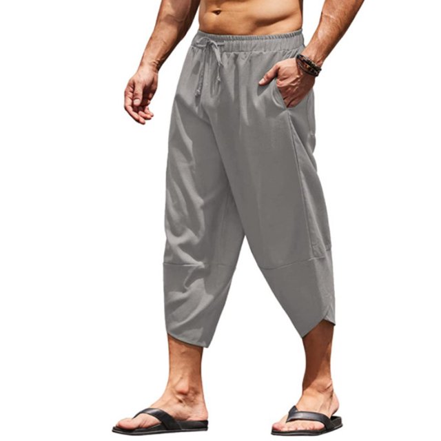 Pantalones capri de lino para hombre, ligeros, sueltos, 3/4, pantalones cortos con cordón elástico en la cintura, pantalones casuales de yoga para la playa