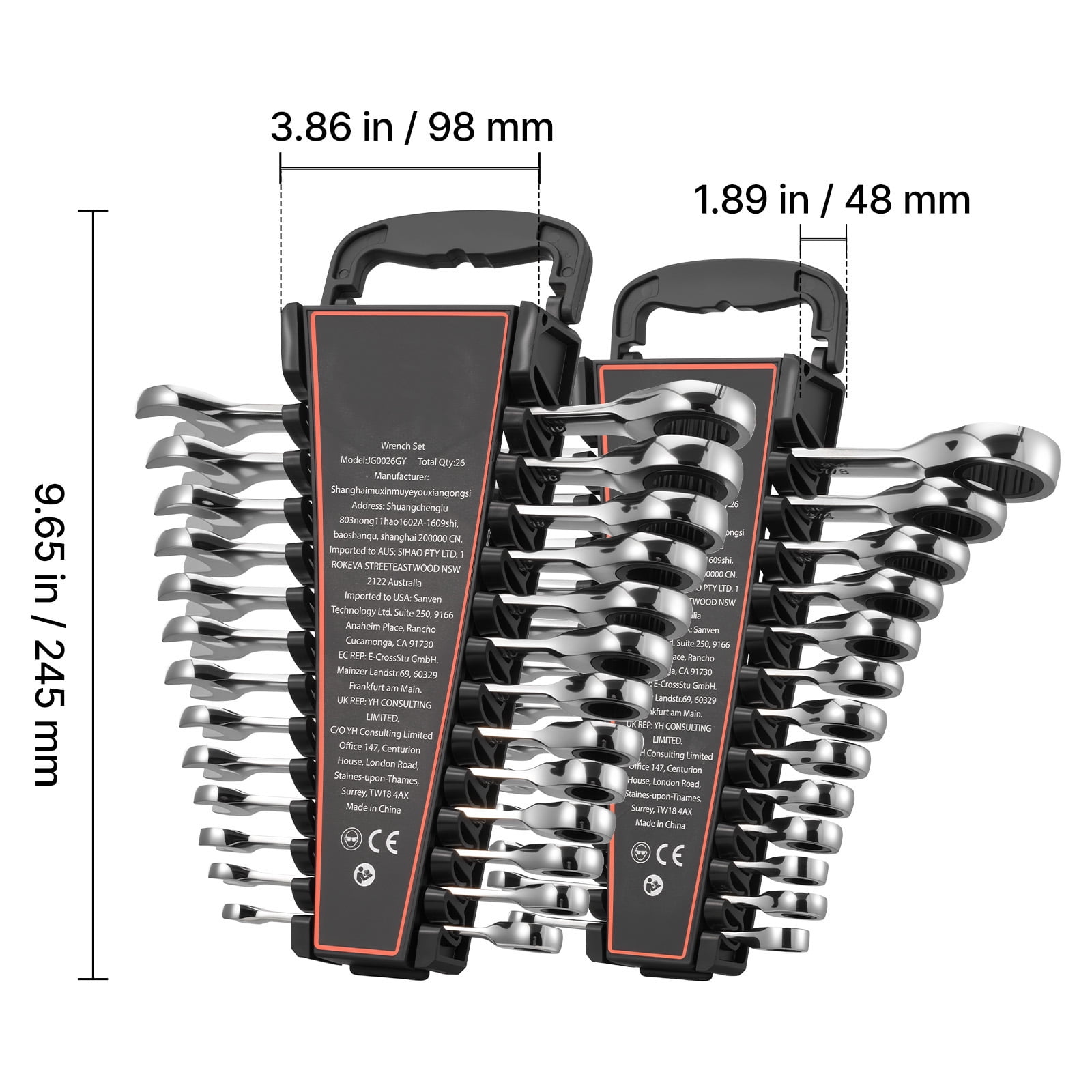 KFFKFF 26-Piece SAE and Metric Ratcheting Wrench Set, 72-Tooth Cr-V Steel Tools with Organizer Rack, Open-End Design, Clear Size Markings, Ideal for Household and Automotive Repairs, Silver