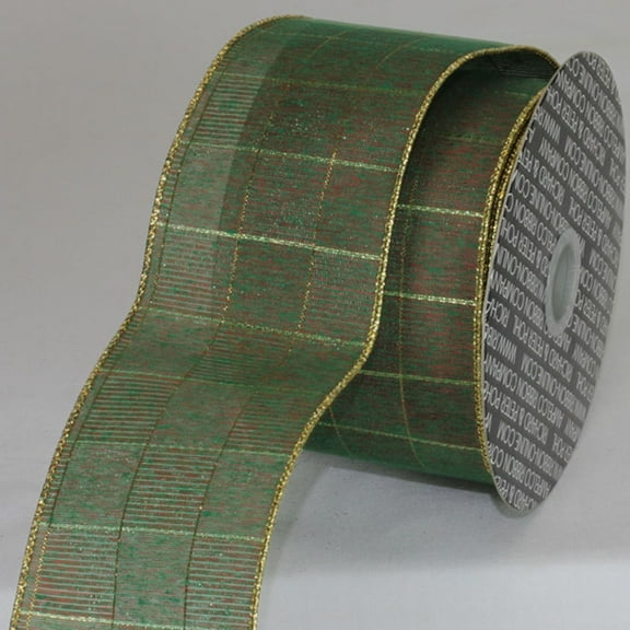 The Ribbon People Forest Green and Gold Pin Stripe Checkered Metallic Wired Craft Ribbon 3" x 20