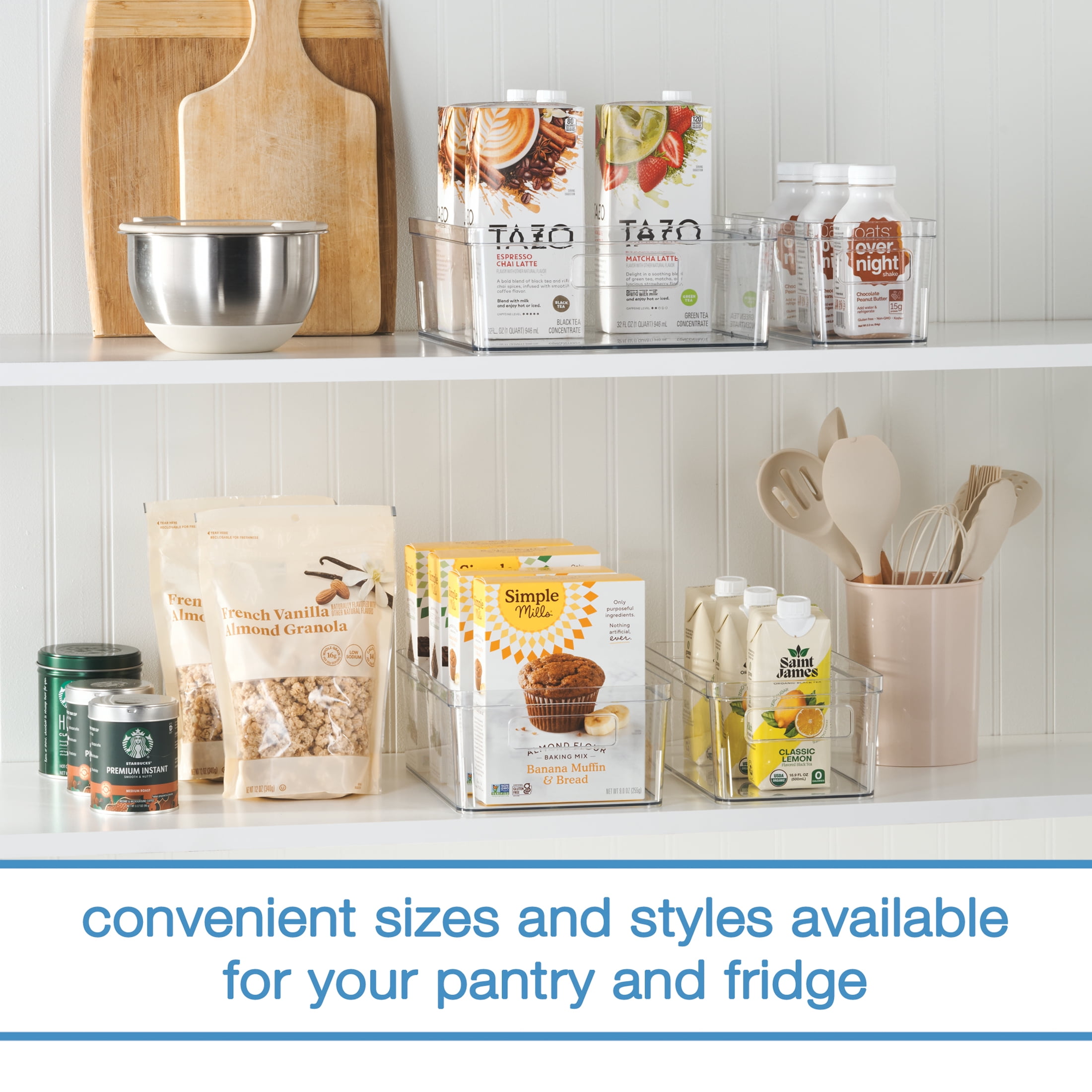 Mainstays Extra Large Clear Plastic Pantry Organizer Storage Bin, Kitchen Cabinet, Fridge and Shelf Storage Container for Pantry and Kitchen Organization, 12" x 10.5" x 4"