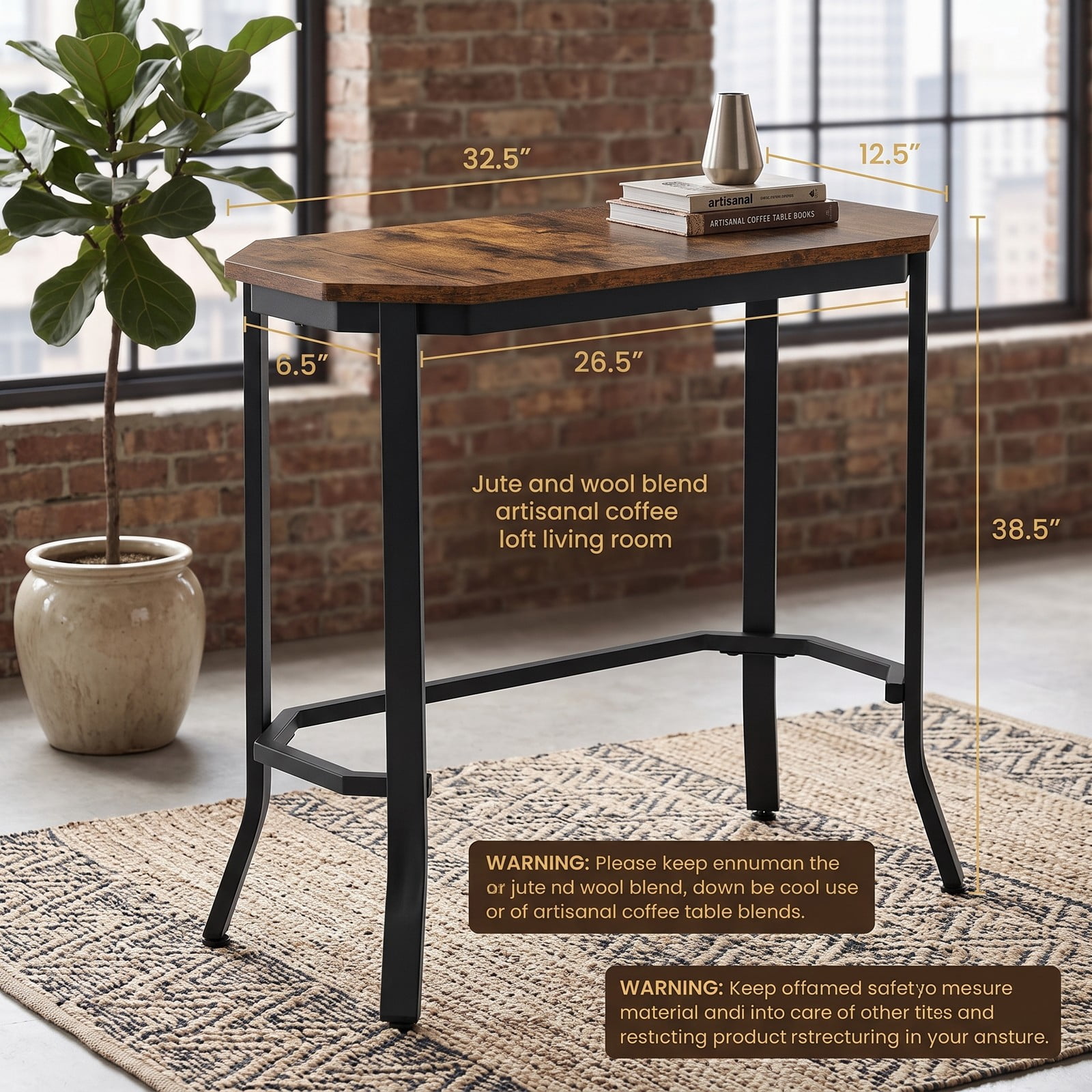 Furnibear Narrow End Table, Rustic Wood Grain Hexagon Side Table with Sturdy Steel Frame and Adjustable Foot Pads for Living Room Bedroom Entryway, Rustic Brown