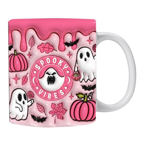 12oz Halloween Ghost Coffee Mug - Cute Pink Ceramic Ghost Pumpkin Maple Leaves Pattern Mug Coffee Cup Halloween Accessories Birthday Gifts for Kids Adult