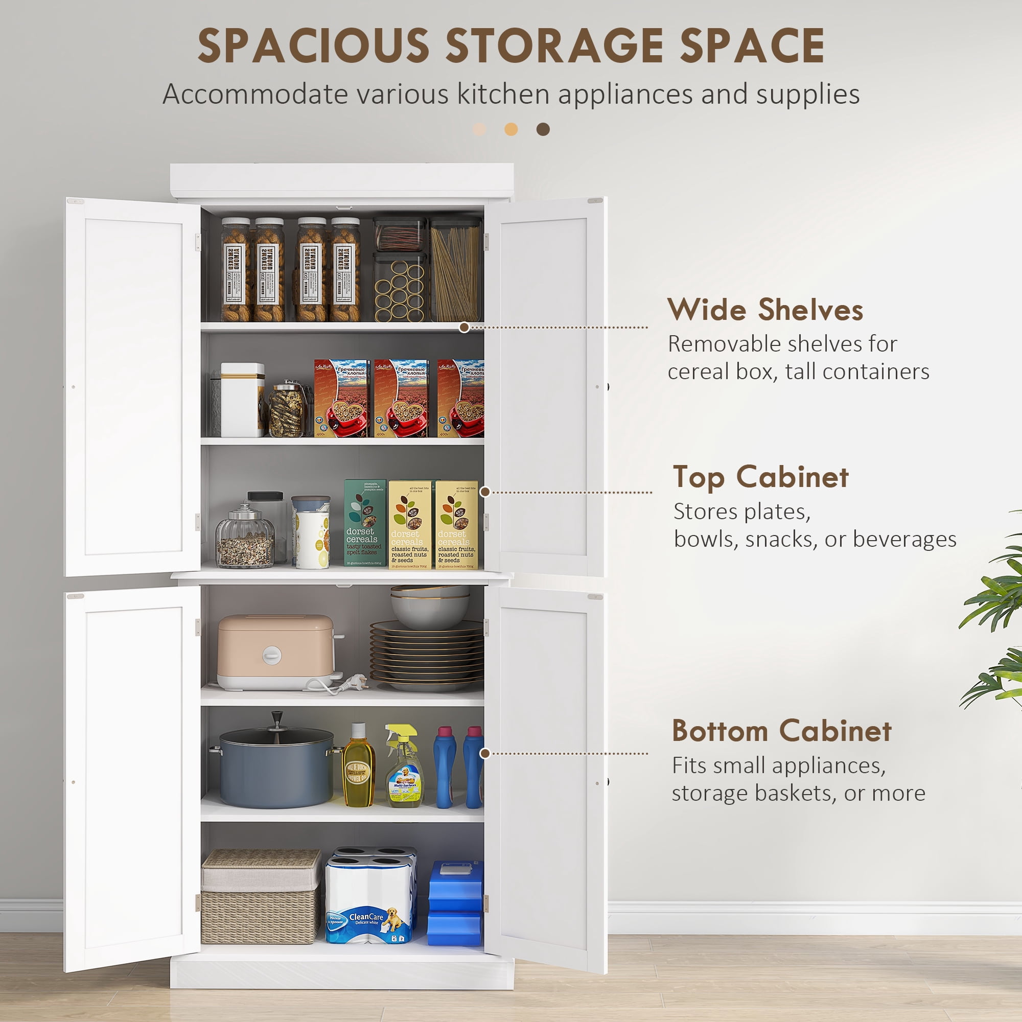 HOMCOM 72" Kitchen Pantry Storage Cabinet with 4 Doors, White