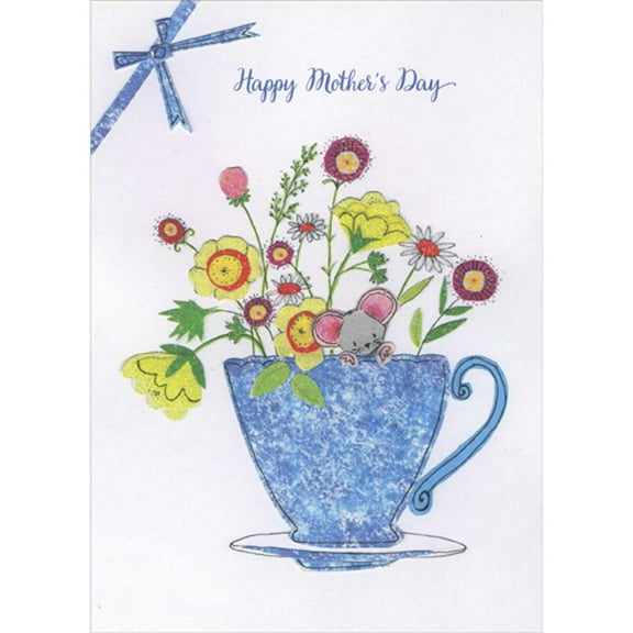 RSVP Cute Mouse in Blue Tea Cup with Yellow and Red Flowers Mother's Day Card