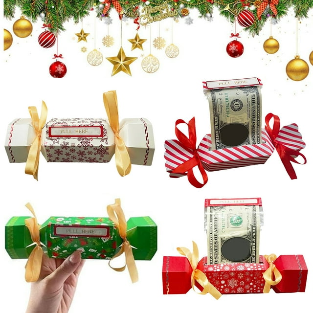Musbetu 4Pcs Christmas Surprise Money Pull Pouch DIY Cash Pull Out Box with Ribbons Holiday Money Holder for Cash Gift Pull