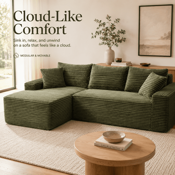 94.5" Cloud Modular Sectional Sofa Couch with Reversible Chaise, Oversized L-Shaped Corduroy Couch, Deep Seat 4-Seat Compressed Sofa for Living Room, No Assembly Required, Green