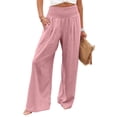 thumbnail image 5 of felwors Women Linen Palazzo Pants Summer Boho Wide Leg High Waist Casual Lounge Pant 2026 Beach Travel Vacation Outfits (Pink, S), 5 of 7