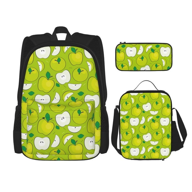 Disketp Sac à Dos Grande Capacité Imprimé Pomme Verte Trousse Combinaison 3 Pcs pour Étudiant