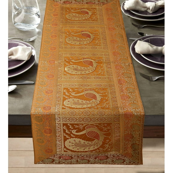 DK Homewares Traditional Centerpiece Wedding Coffee Table Decor Brocade Yellow Gold 150 X 40 Cm Jacquard Peacock 5 Ft Table Runner ( 60X16 Inches )