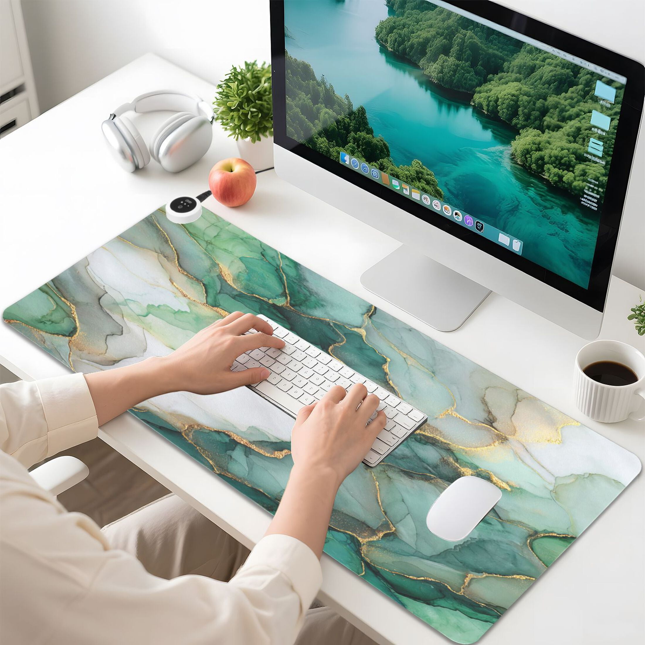 Large Heated Desk Mat Mouse Pad 31.5"x13"PU Leather Graphene Heating Desk Warmer with 3 Temperature Settings 110V US Plug Non-Slip Warm Pad for Home, Office, and Gaming Golden Green Marble Crack