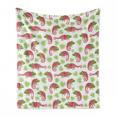 Exotic Soft Flannel Fleece Throw Blanket, Pattern of Chameleons and Palm Leaves Tropical Wildlife Elements, Cozy Plush for Indoor and Outdoor Use, 60" x 80", Dark Coral Green, by Ambesonne