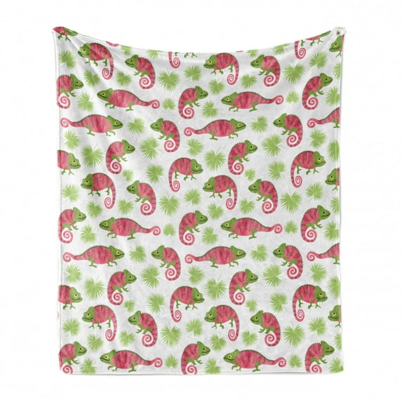 Exotic Soft Flannel Fleece Throw Blanket, Pattern of Chameleons and Palm Leaves Tropical Wildlife Elements, Cozy Plush for Indoor and Outdoor Use, 70" x 90", Dark Coral Green, by Ambesonne