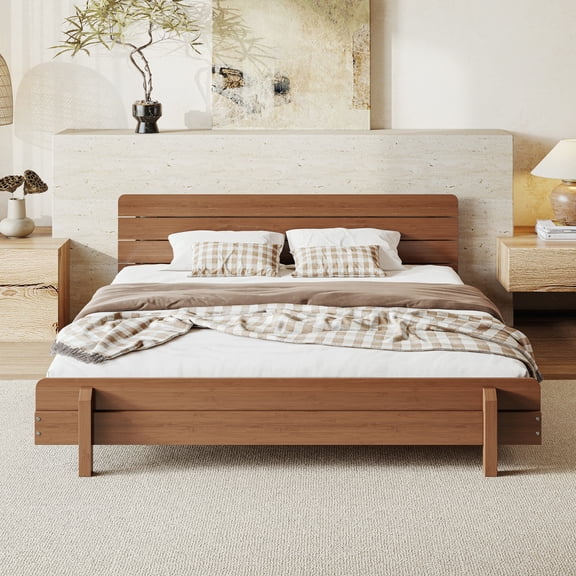 King SIze Platform Bed with Headboard, Bamboo-made Full/Queen/King Bed Frame with Upgraded Support Slats, Brown