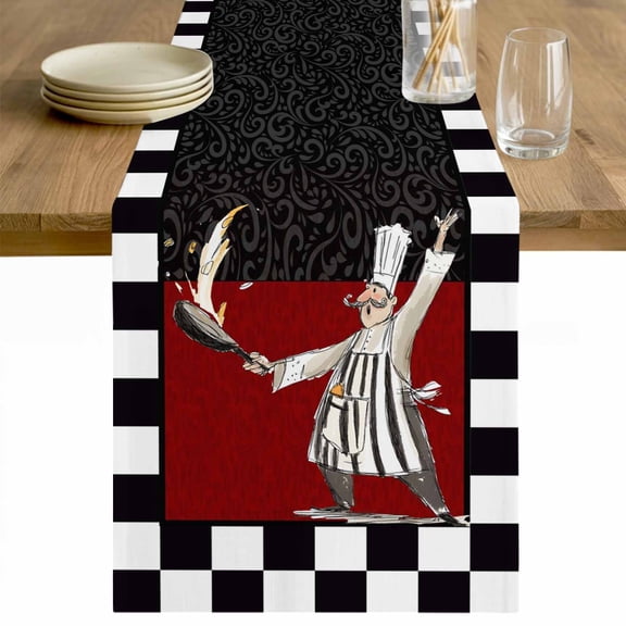 Red Black Chef Table Runner 90 Inches Long Farmhouse Dress Scarves, Cartoon Cute Watercolor Cooking Checkered Dining Tablerunner for Coffee Table/Kitchen Island/Party Décor, 13" x 90"