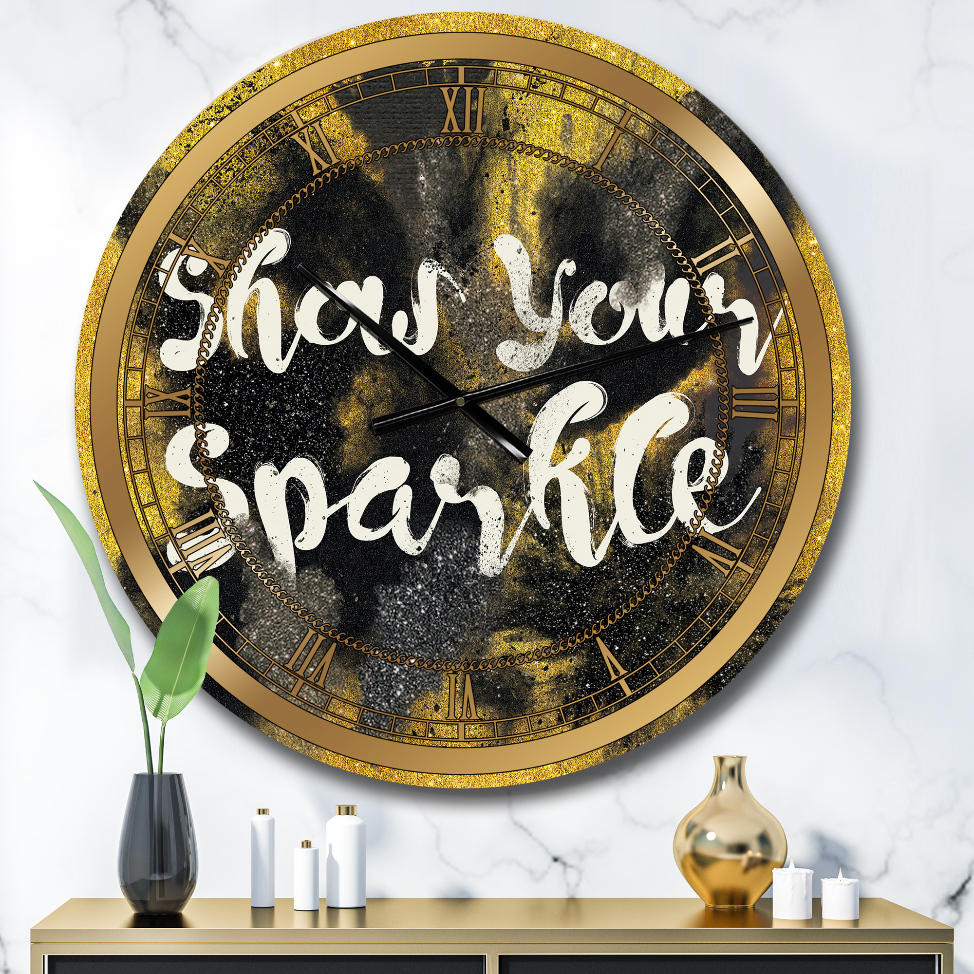 Designart 'Show Your Sparkle Quote Black on Gold' Glam wall clock
