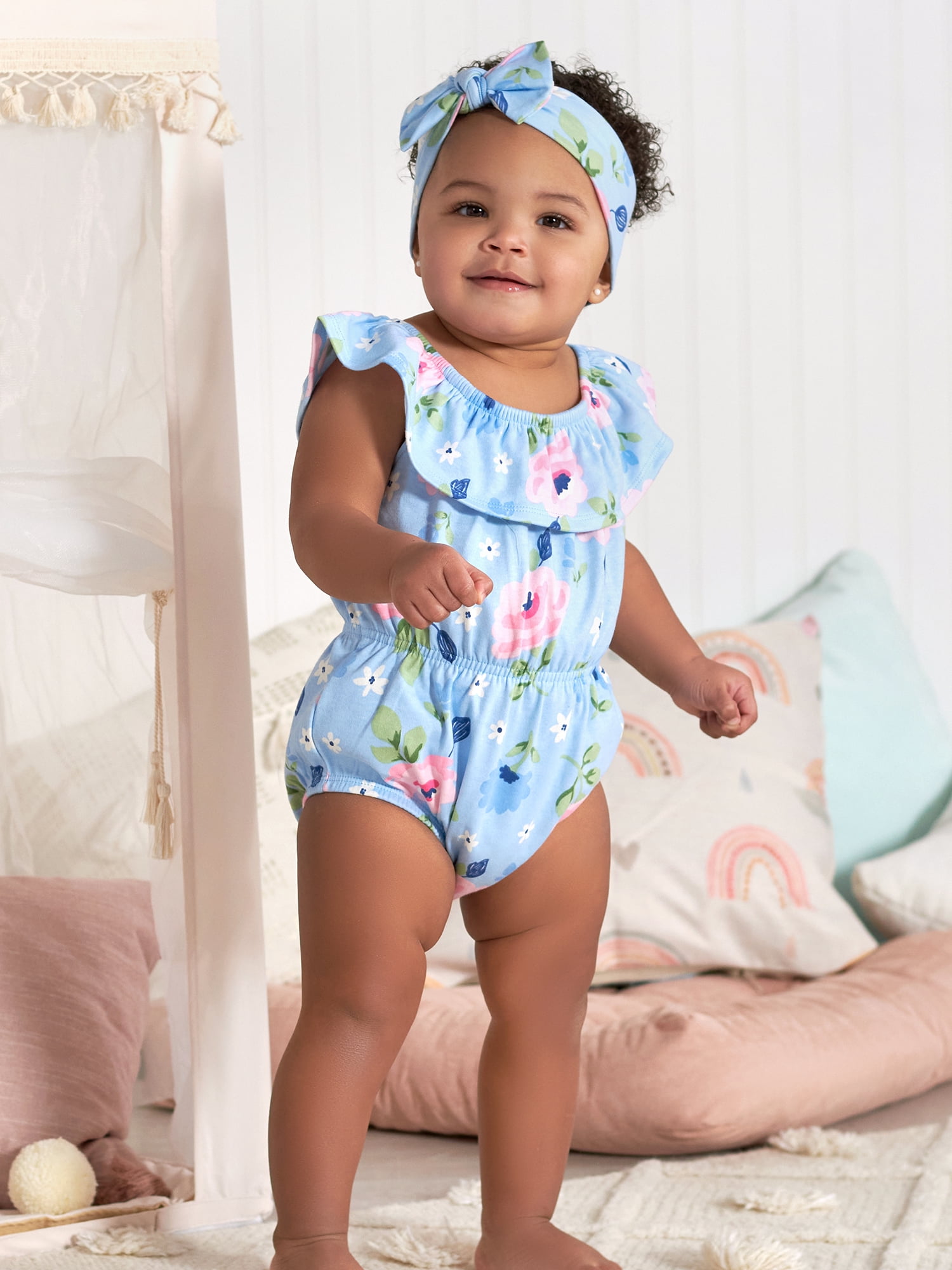 Gerber Baby Girl Wide Neck Romper & Headband Outfit Set, 2-Piece, (0/3 Months - 12 Months)