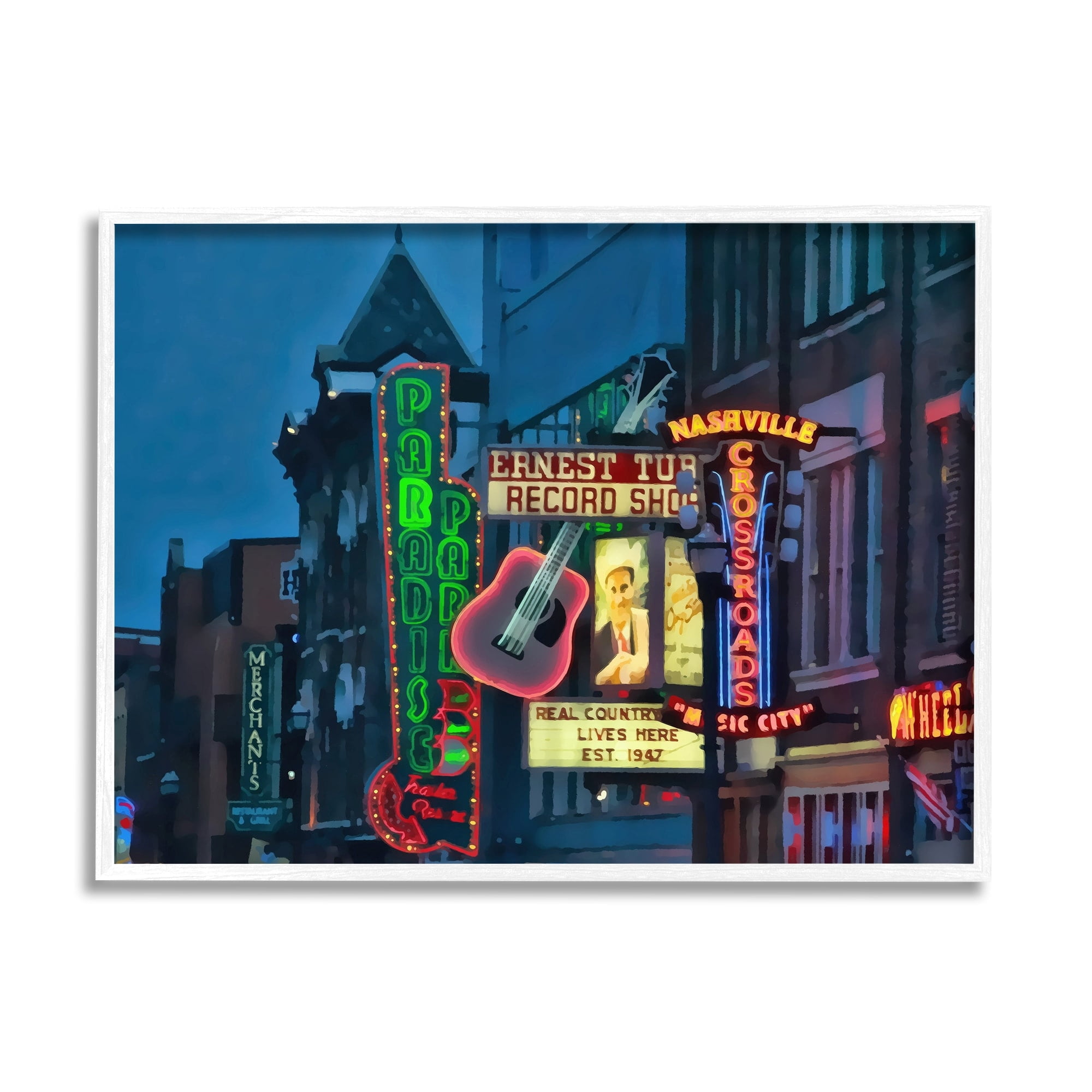 Stupell Industries Nashville Music Night Scene Southern Urban Architecture Paintings White Framed Art Print Wall Art, 14x11, by Daniel Sproul