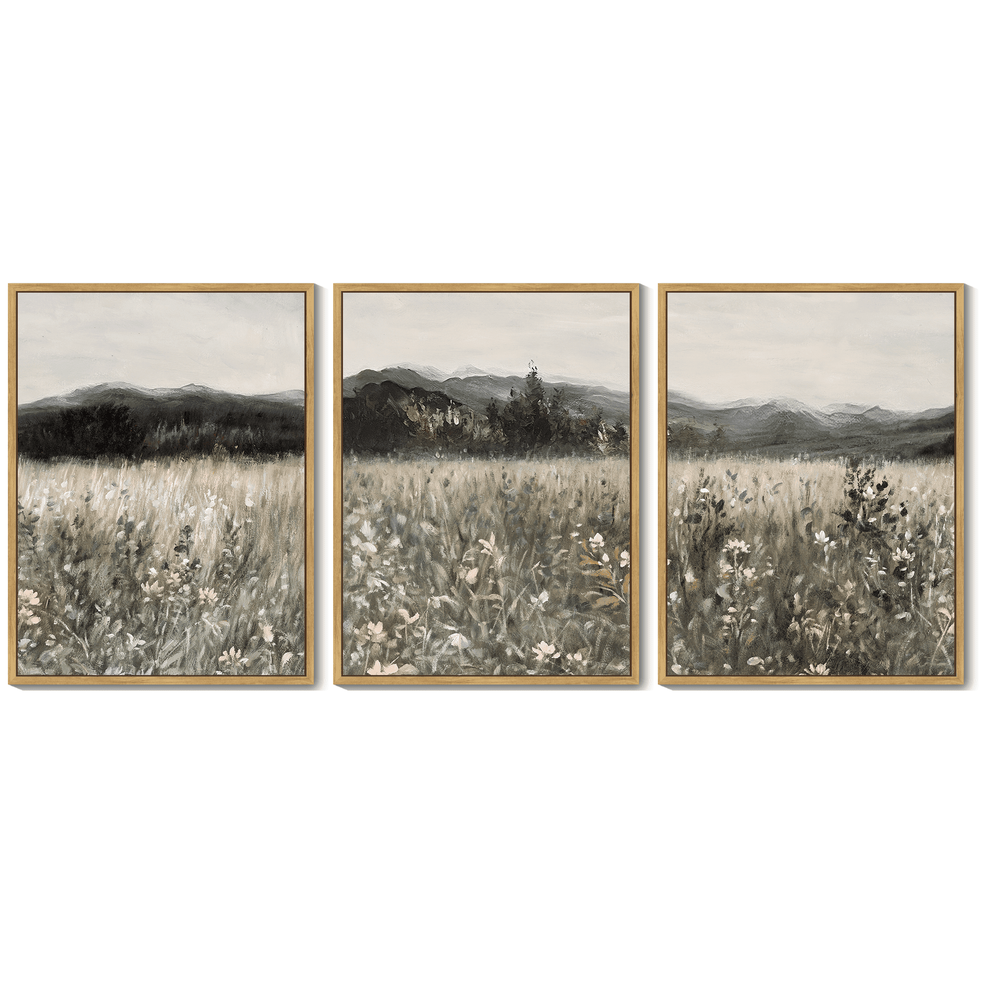 Vintage 11x14in3pcs Natural Framed Landscape Wall Art Prairie in Full Bloom Wall Prints Classic Retro Farmhouse Decorations for Living Room Bedroom