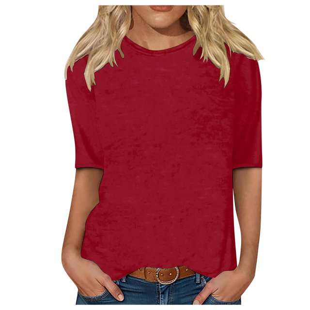 Chemises d'Été pour Femmes Col Rond Manches 3/4 Blouse Imprimée Confortable Hauts Dames Rouge m