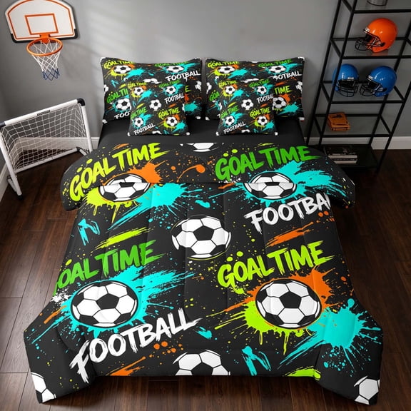 Manfei Cartoon Soccer Twin Bedding, Sport Goal Time Football Print Bedding Comforter Set, Black Neon Green, Black Reversible 7 Pieces