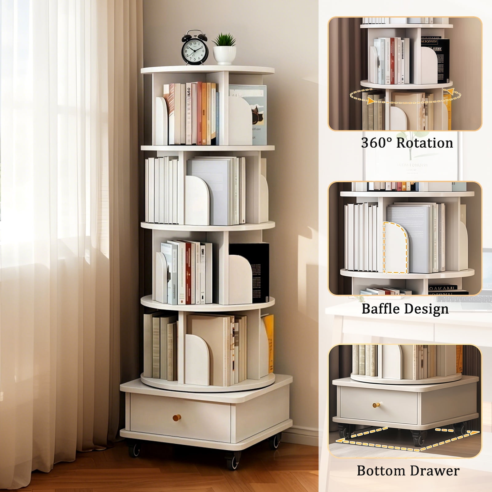 Paproos 5 Tier Rotating Bookshelf, 360° Display Wood Spinning Bookshelf Tower with Wheels and Bottom Drawer, Small Rotating Bookcase, Corner Book Shelf for Home Office, Bedroom, Warm White