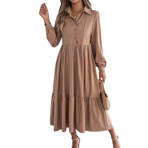 jinghuiyue Womens Long Sleeve Collared Shirt Dress Casual Button Down Flowy Ruffle A-Line Maxi Dresses M