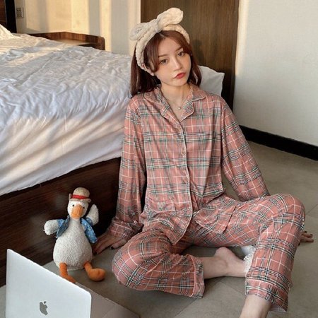 

CoCopeaunt Japanese Korean Grid Printed Girls Pajamas Set Cute Spring Long Sleeve Leisure Sleepwear For Women Loose Nightwear Homewear Suit