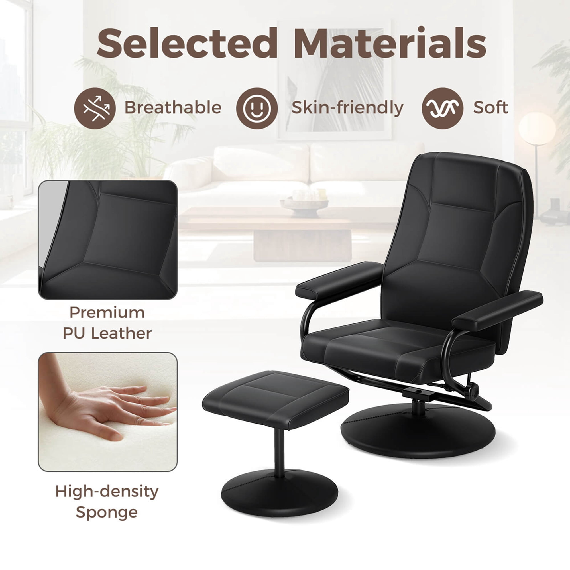 Costway Reclining Chair with Ottoman Lounge Accent Armchair Padded Seat Footrest Black