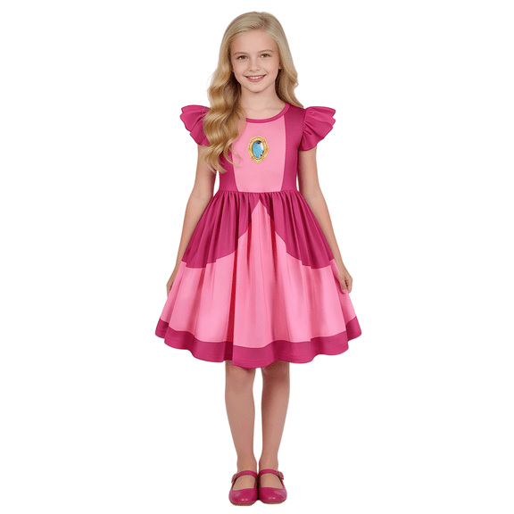 Guvpev G'irl's Princess Dress, Classic Pink Video Game Fancy Dress Gown, Halloween Cosplay Costume with Ruffle Sleeves & Color-Block Skirt for Birthday Party & Cosplay Dress up