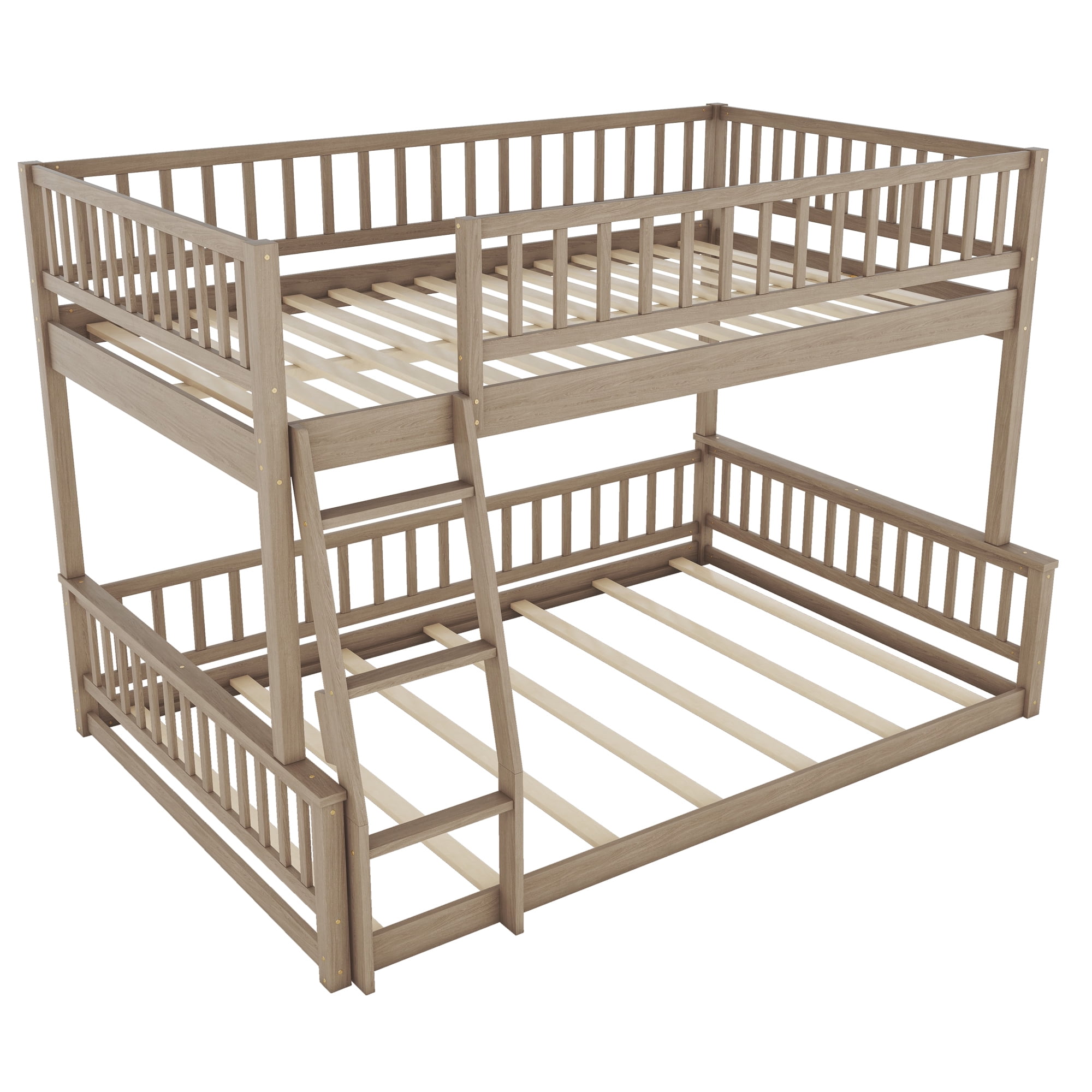 Full XL Over Queen Bunk Bed for Kids Adults, Queen Size Floor Bunk Beds with Inclined Ladder, Solid Wood Low Bunk Bed,Detachable Bunk Beds for Teens,Girls,Boys