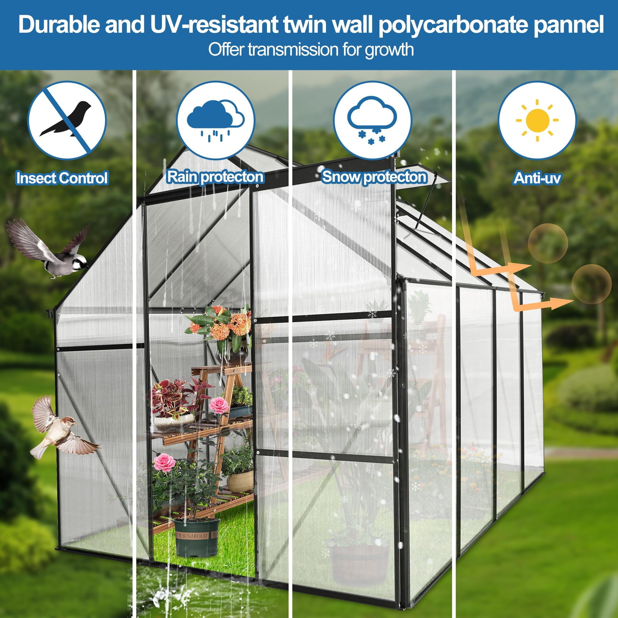 Walk-in Green House for Outisde, Seizeen Heavy Duty Polycarbonate Greenhouse with Aluminum Frame, Raised Base, Skylight, Sliding Door, 6x8FT