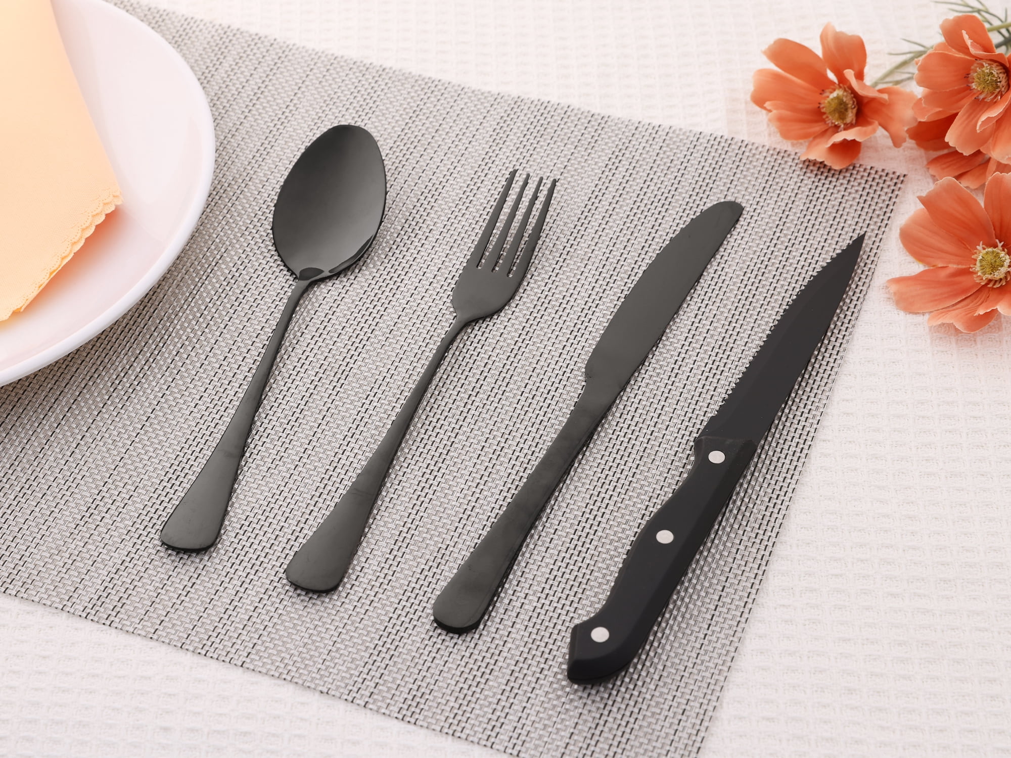 Unique Bargains Stainless Steel Flatware Set Black 24 Pcs