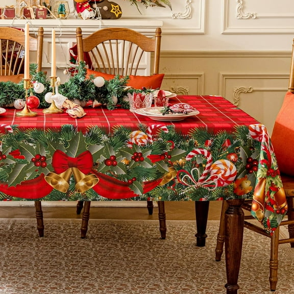 Christmas Rectangle Tablecloth - Red Tartan Checkered Printed Xmas Bell Candy Table Cloths, Washable Polyester Fabric Table Covers for Dining, Parties & Holiday Decor, 60 x 84 Inch