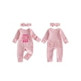 thumbnail image 2 of BemeyourBBs Toddler Baby Girls First Birthday Outfits One Years Old Birthday Clothes Waffle Knit Striped Romper Long Sleeve Letter Print Striped Jumps Headband Set Fall Winter Spring Clothes, 2 of 9