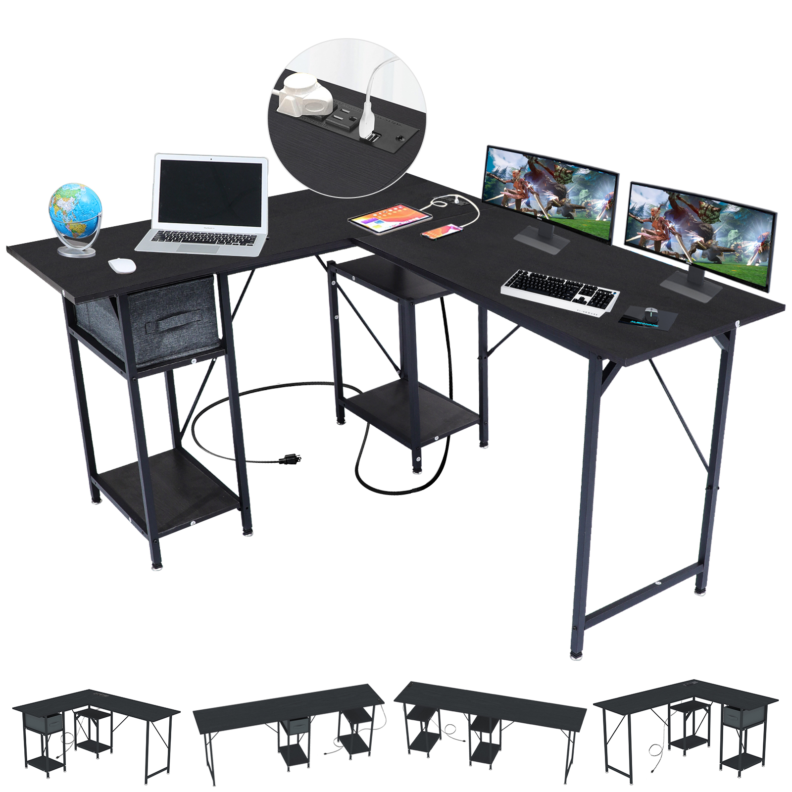 INSDOW Home Office Desk With Drawer ,L Shaped Desk With USB Charging