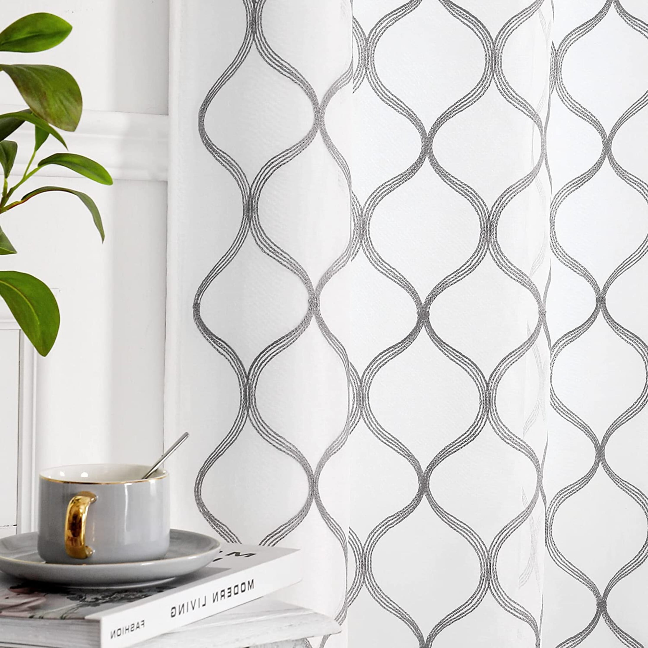 Pinewave Gray-White Geometric Sheer Curtains, 38” x 96” (2 Panels)