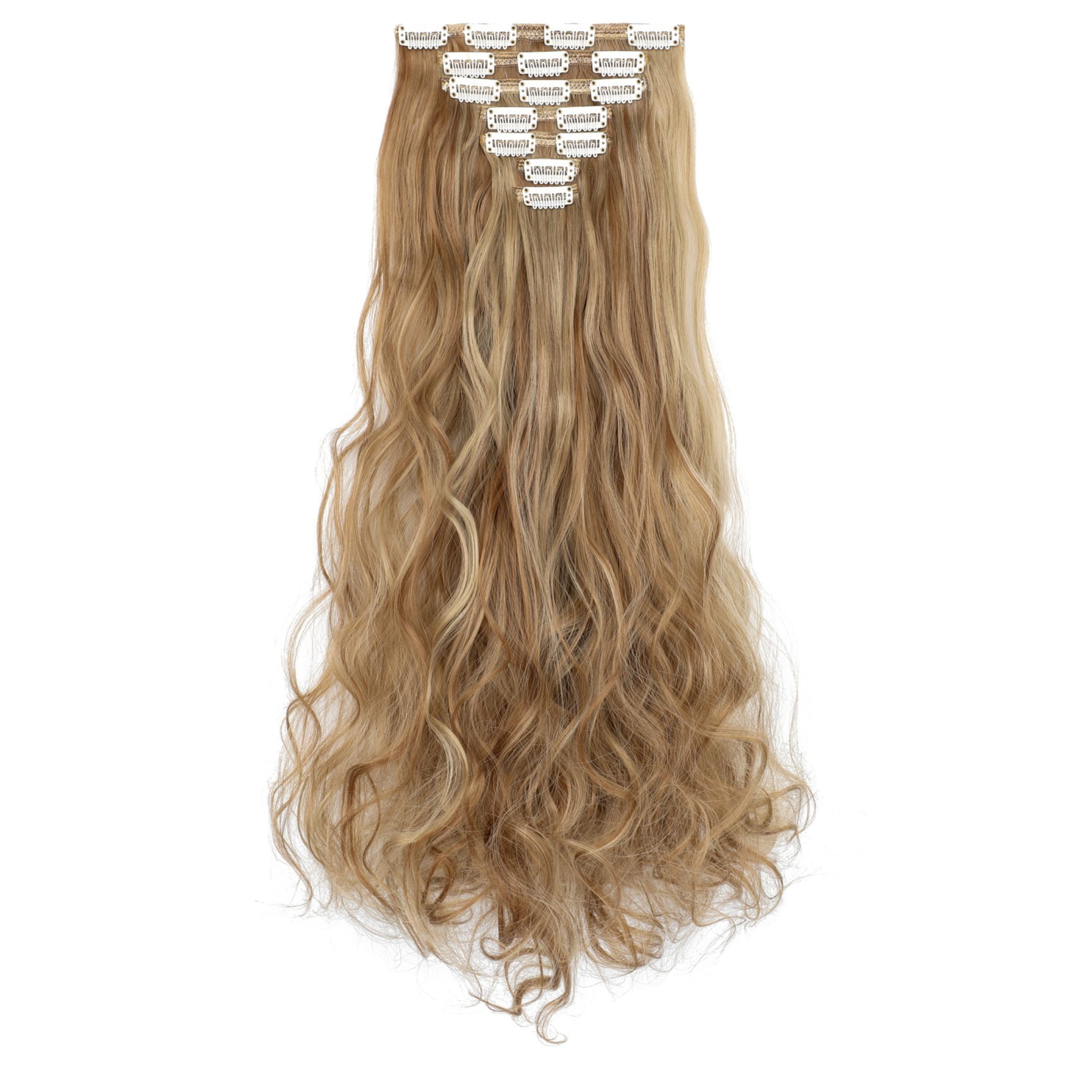 Qlenkay Clip in Hair Extensions Synthetic Hair 7 pcs Double Weft Long Wavy Straight Hair Extension for Women