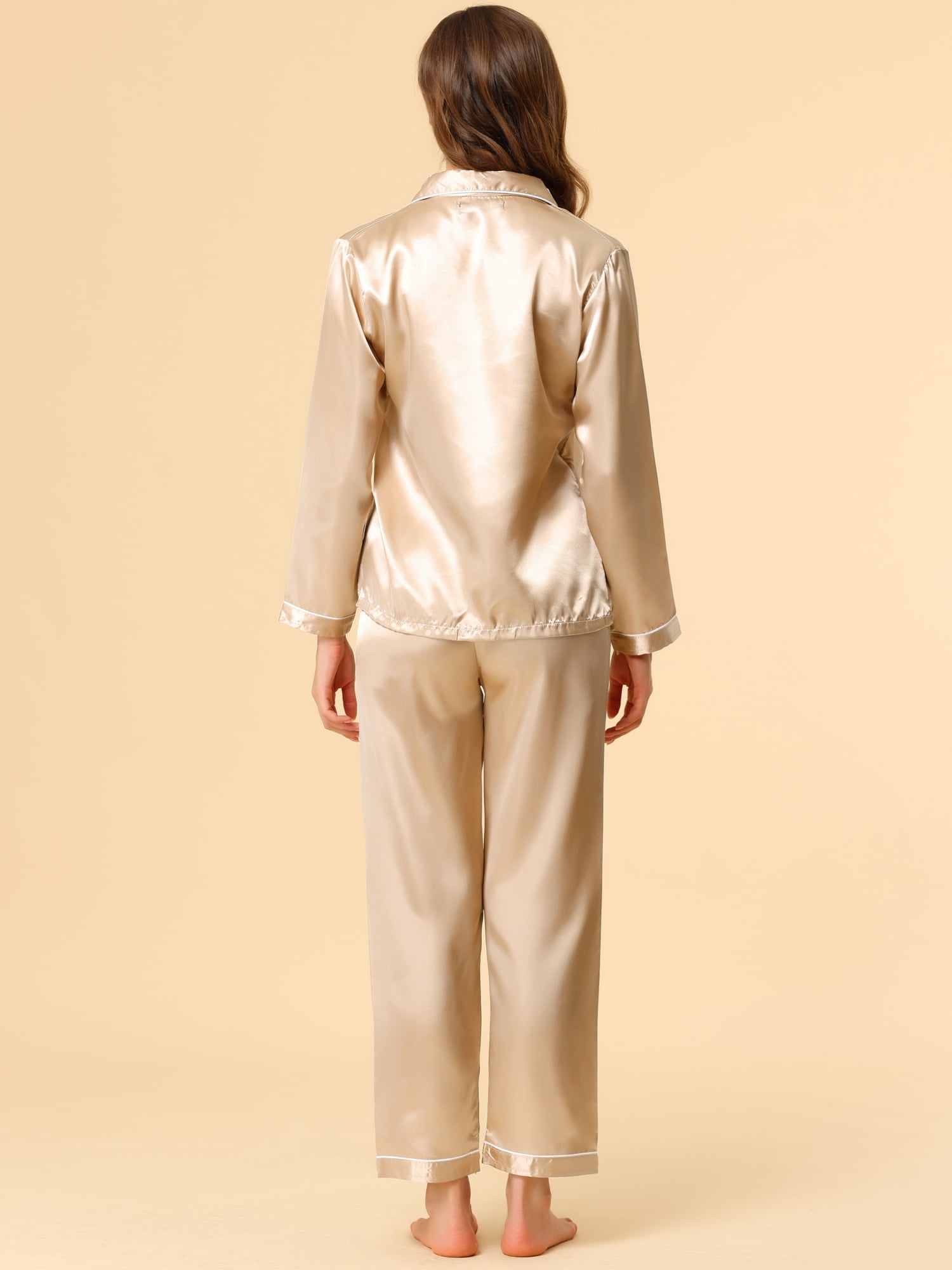 Unique Bargains Women's Satin 2pc Loungewear Button Down Silky Pajama Sleepwear Sets
