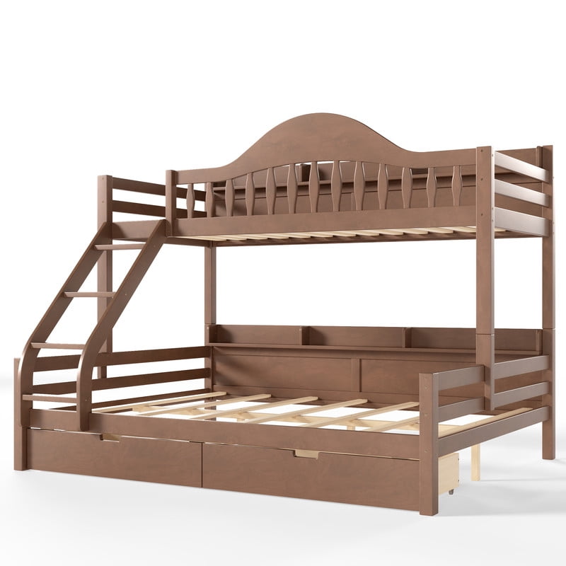 Twin XL-Over-Queen Wood Bunk Bed with Curved Guardrail & Ladder, Chic Kids Storage Bed Frame with Drawers & Bedside Shelves