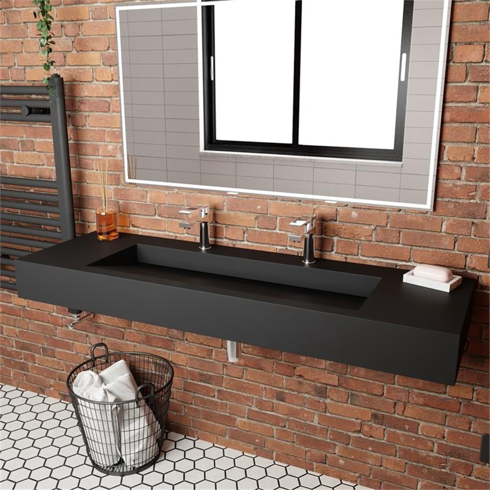 Pyramid 72" Solid Surface Bathroom Sink in Black No Faucet Hole