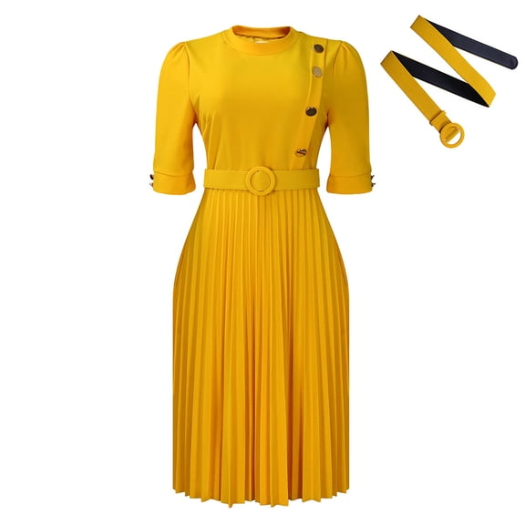AURA Plus Size Women Pleated High Waist Midi Dress Half Turtleneck Button Elegant Autumn Dress