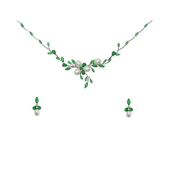 Faship Gorgeous Green CZ Crystal Mother Of Pearls Floral Necklace Earrings Set