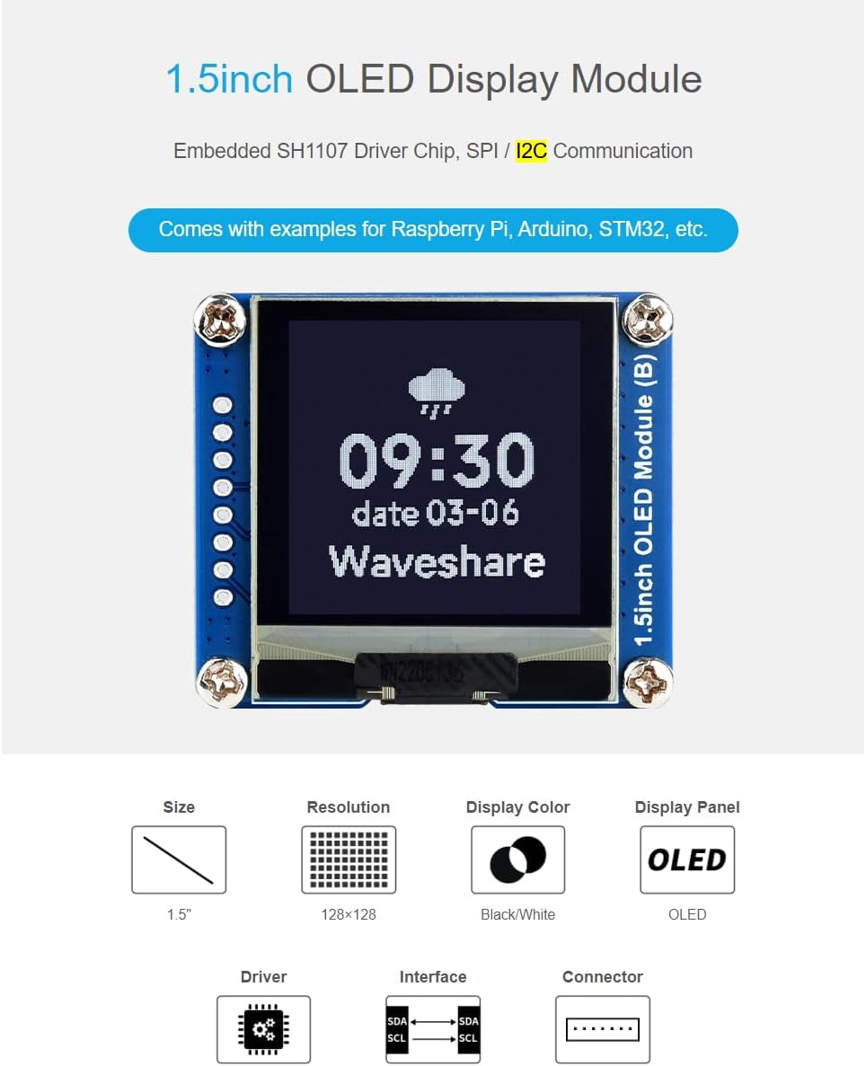 1.5inch OLED Display Module 128×128 Resolution I2C OLED Screen for , Arduino, STM32,SH1107 Driver Chip,Black/White Display Color