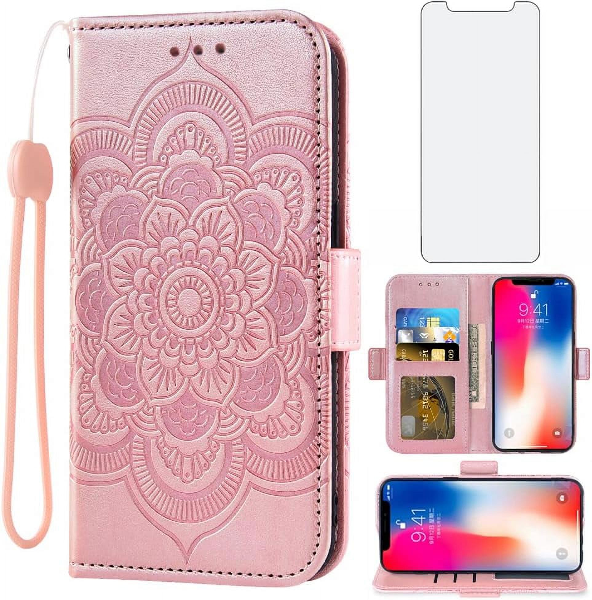 MHAWBL-Compatible with iPhone Xs X 10 10s Wallet Case and Tempered Glass Screen Protector Flip Cover Credit Card Holder Cell Phone Cases for iPhoneX iPhoneXs iPhone10 i PhoneX SX 10x 10xs X’s Women R
