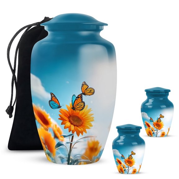 Yatskia Sunflower with Butterflies Mini Cremation Urns for Human Ashes Adult Brother and Sister, Decorative Large Memorial Urn for Ashes Adult, (Classic 10 Inch and 3 Inch)